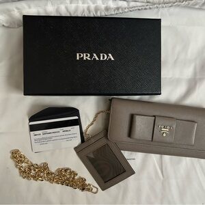 Prada Saffiano Fiocco Argilla Wallet, ID Card Holder, Box, COA, and Gold Chain